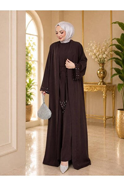 EFSUN MODA طقم عباية نسائية من قطعتين من فايا مزين باللؤلؤ