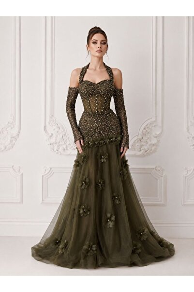 ranin Olive Evening Dress, Hand Embroidered Chest, Barbi Embroidered, Gazar L...