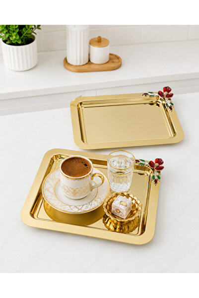 SUNVERA ÇELİK 6'lı Gold Kare Kahve Sunum Tepsisi Seti 22x22 cm – Kırmızı Çiçe...