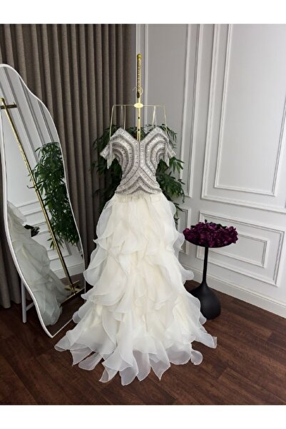 ranin White Evening Dress with Hand Embroidered Chest and Double Cloche Cut.