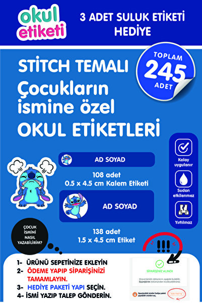 OKUL ETİKETİ BASKI OKUL ETİKETİ STİTCH TEMALI MİDİ PAKET İSME ÖZEL OKUL ETİKE...