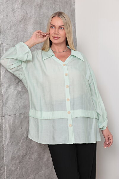 KİFAYET Plus Size Casual Shirt V-Neck Long Sleeve Solid Color Women's Shirt