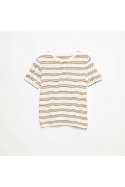 KIABI Striped T-shirt with Tunisian Collar BEIGE