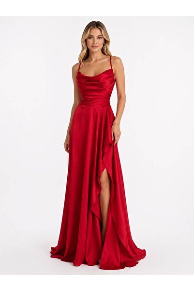 Saten Drape Detaylı Yırtmaçlı Abiye