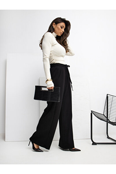 rue parıs Pantaloni Trening Dama Larga, Guler inalt, RUE PARIS, Negru Casual ...