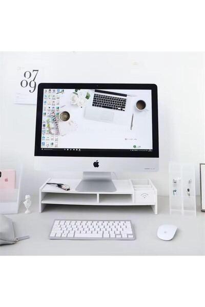 Milara Organizator de birou, Construcție durabilă, Suport alb DIY pentru monitor de birou cu organizator tip sertar, suport pentru tastatură și spațiu de depozitare pentru pixuri - Înălțător de birou rezistent din PVC pentru computer, articole de papetărie și accesorii.