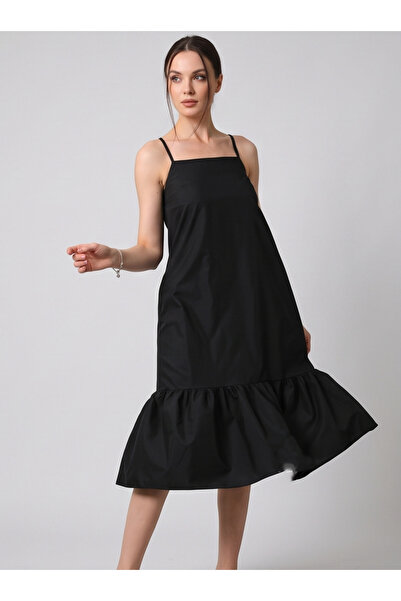 gökçesu Women's Square Neck Slim Strap Dress with Gipeli Back and Flounces, C...