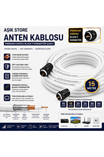 AŞIK STORE 15 Metre Premium Anten Kablosu %100 Bakır İç İletken Contalı Black...
