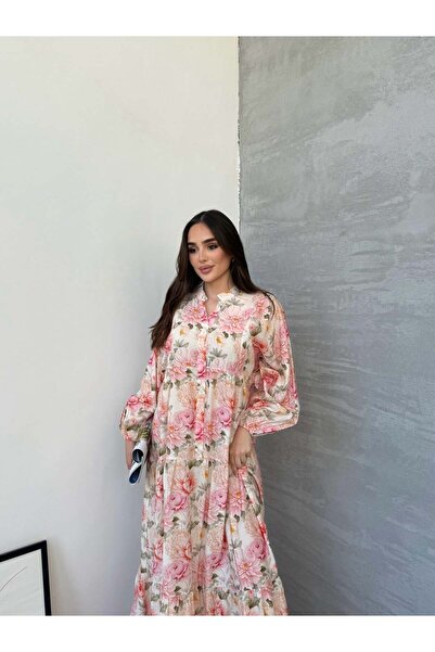 Miraydın Butik فستان حجاب نسائي مزين بالورود والزهور بتصميم طبقات متعددة - وردي