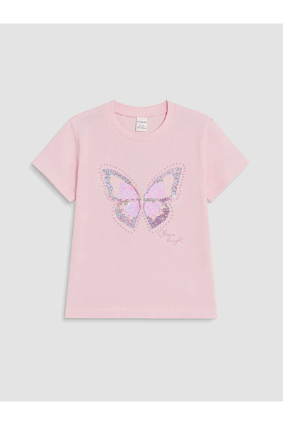 LC Waikiki Pink Sequin Embroidered Girls' T-Shirt