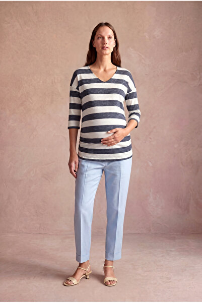 WESTMARK LONDON Maternity White/Blue Striped Viscose Blended V-Neck 3/4 Sleev...