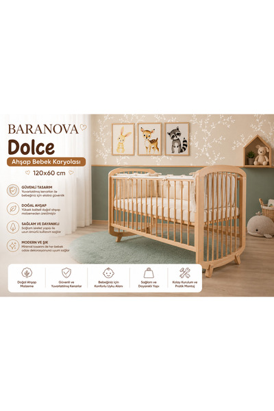 BARANOVA EASYmom Dolce Ahşap Bebek Karyolası 120x60 cm | Doğal Ahşap Bebek Be...