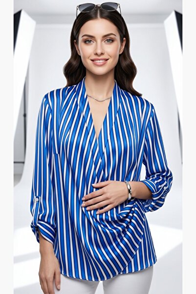 Maya Butik Blue and White Double-Breasted Striped Satin Blouse - Javelin 21944A