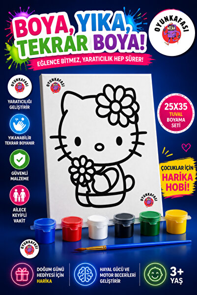 OYUNKAFASI 25x35 cm Hello Kity Tuval Boyama Seti | 6'lı Akrilik Boya + 1 Fırç...