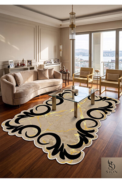 SionFabric Yıkanabilir Gold Lazer kesim Halı Kaymaz Taban Leke Tutmaz Salon H...