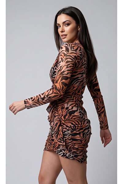 gökçesu Women's Zebra Patterned Double Breasted Collar Side Ruffles Gathered ...