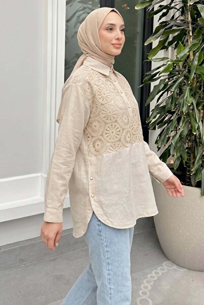 zenne Lace Detailed Front Tunic 61640 - Bej