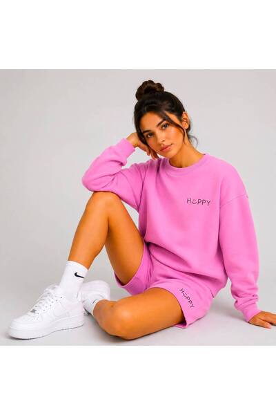 herkesemoda Hüppy Printed Women's Oversize Sweatshirt with Shorts Tracksuit Set