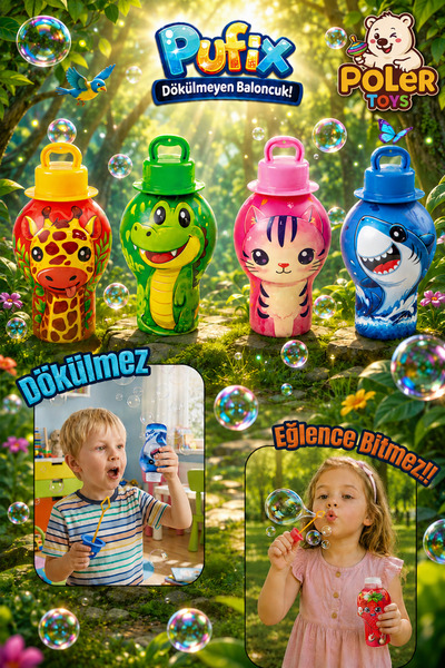 POLER TOYS Pufix Dökülmeyen Üflemeli Köpük Baloncuk Oyuncağı Akmayan Şişeli H...
