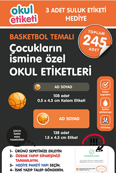 OKUL ETİKETİ BASKETBOL TEMALI MİDİ PAKET İSME ÖZEL OKUL ETİKETİ / SULUK ETİKETİ HEDİYELİDİR STICKER TOPLAM 245 ADET