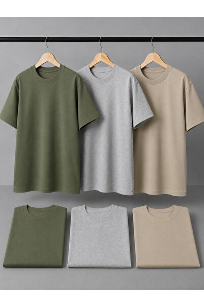 CAONNES 3 Color T-Shirt Set Summer Single Jersey Compact Oversize Basic Crew ...