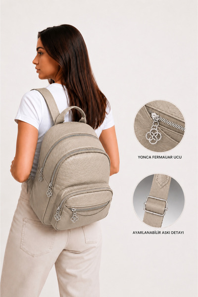 MILANOFOX Women's Beige Functional Multi-Pocket Leather Detailed Daily Leathe...
