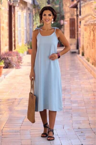 Nevin Kaya Moda V6 - Baby Blue Göcek Linen Dress with Rope Straps