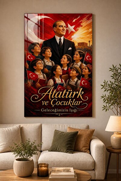 Mythog Atatürk ve Çocuklar Baskılı Cam Tablo – Türk Bayrağı UV Baskı Duvar De...