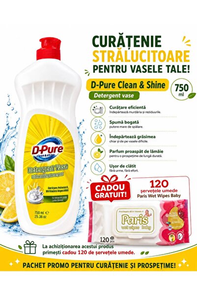 OEM D PURE DETERGENT VASE LICHID CU AROMA LEMON 750 ML + CADAU SERV UMEDE BAB...