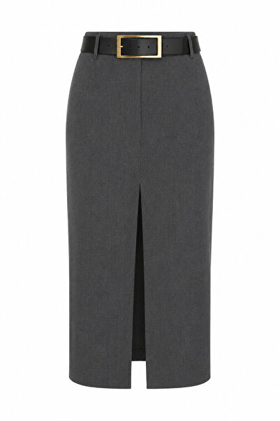 HAZELANNA Gray Skirt with Belt and Slits