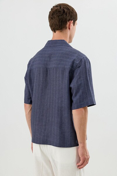 Antioch Navy Blue Linen Blend Striped Relax Fit Men's Short Sleeve Shirt