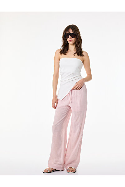 Koton Cotton Embroidered Flat-Legged Trousers with Tie-Waist