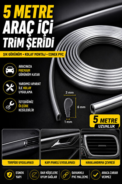 Hane Dostu Gri Araç İçi Dekorasyon Trim Şeridi 5 Metre PVC Torpido Kapı Konso...
