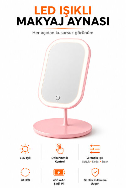 Ayers LED Işıklı Masaüstü Makyaj Aynası, Dokunmatik Kontrollü, 3 Renk Işık Mo...
