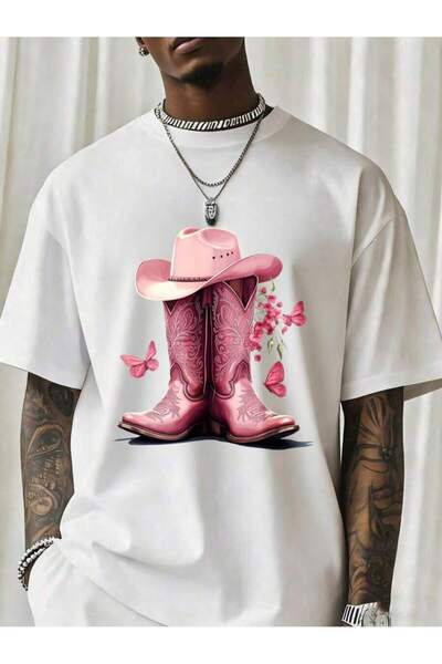NOURAM Pink Cowboy Boots With Hat Butterflies Graphic T Shirt Men Fashion Wes...