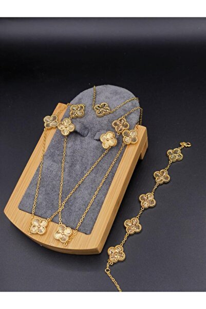 Glamour Galore Gold Color Four-Leaf Clover Steel Jewelry Set Necklace Bracele...