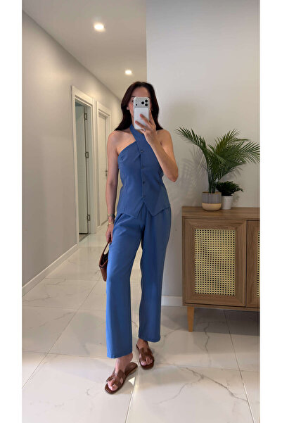 BİRCANÇİL Pihola Blue Halter Neck Vest and Pants Set