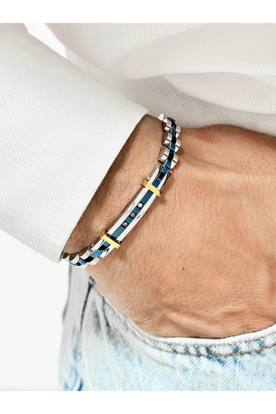 FERRO Navy Blue and Silver Steel Men's Bracelet Frj10166A-L 2 Year Warranty G...