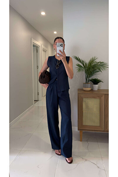 BİRCANÇİL Md Silla Navy Blue Linen Sleeveless Blouse Trousers Set