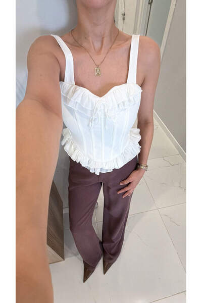 BİRCANÇİL Lave White Flounce Corset Blouse