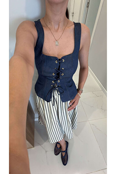 BİRCANÇİL Ridda Navy Blue Front Lace-Up Denim Blouse