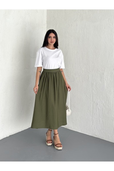 DENİKK Trendy Elastic Waist High Waist Linen Skirt