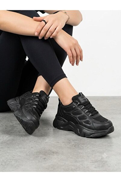 Lütfi Women's Black Sneaker Thick Sole Ultra Light Orthopedic Sole Walking Shoes