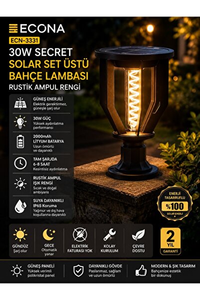 ECONA 30W RUSTİK Solar Bahçe Lambası,güneş enerjili Duvar bahçe lambası, solar aydınlatma, bahçe armatür, dış mekan LED aydınlatma, enerji tasarruflu lamba, set üstü bahçe lambası,
