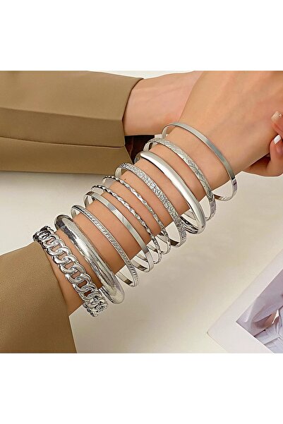 Girift Vintage Tozzy Metal 10 Pieces Gold Plain Bracelet Set