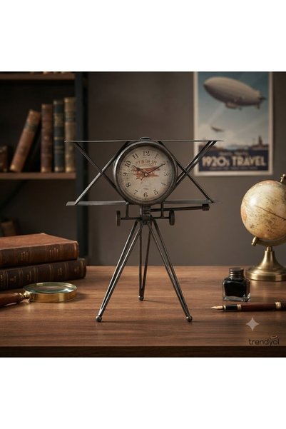 HEDİYE İŞLERİ Vintage Tasarım Dekoratif Uçak Model Masa Saati - Nostaljik Met...