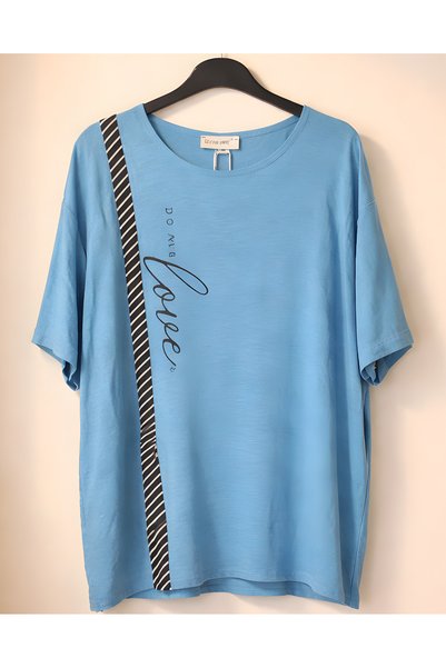 DARKWIN Women's Blue Crew Neck Striped Detailed Casual T-Shirt and Pants