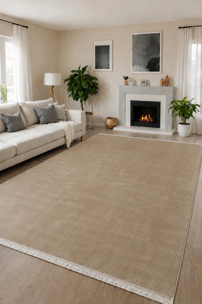 Lionhome Peluş Yumuşak Dokulu Halı Kaymaz Taban Düz Saçaklı Yıkanabilir Renk Bej