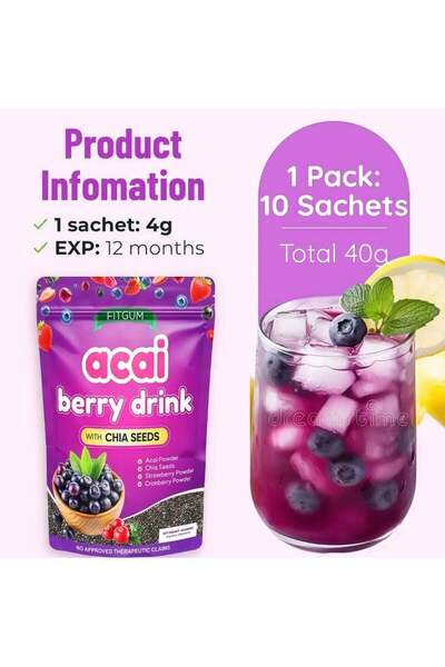 Fitgum Fit Gym Acai Berry Powder Health Drink Mix with Chia Seeds - 40g Pack ...