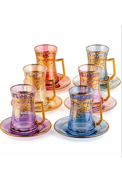 Paşabahçe Pantograf kulplu 12 parça yaldızlı çay seti - 6 lı 170 cc ( karışık...